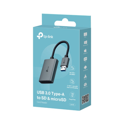 Front view of the official retail packaging for the TP-Link UA430 USB 3.0 SD and microSD memory card reader, Australian stock.