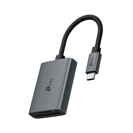TP-Link UA430C USB 3.0 Type-C card reader featuring dual slots for SD and microSD cards in a sleek grey casing.