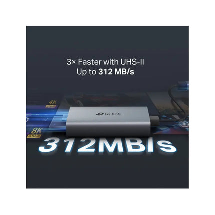 Close-up view of the TP-Link UA440C showing the dual SD and microSD card slots supporting ultra-fast UHS-II data transfers up to 312 MB/s.