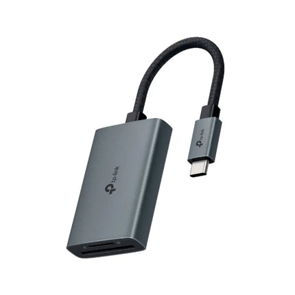 TP-Link UA440C portable USB-C card reader featuring a premium grey aluminum alloy casing and a flexible braided cable.