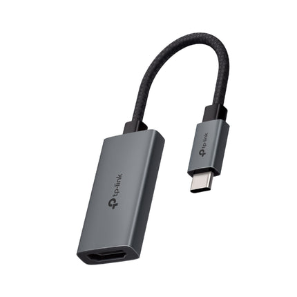 TP-Link UA520C USB Type-C to HDMI adapter featuring a grey aluminum alloy casing and a short braided cable.