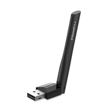 TP-Link UB500 Plus high-gain Bluetooth 5.4 USB adapter in black, featuring an adjustable external antenna for long-range PC connectivity.