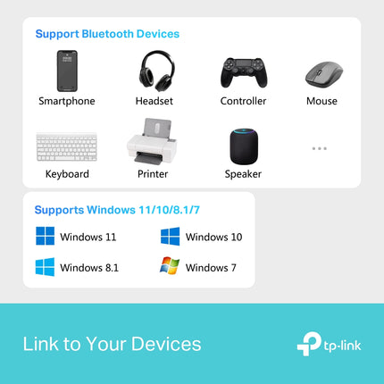 Feature graphic highlighting the TP-Link UB600 Bluetooth 6.0 adapter's full compatibility with Windows 11, 10, 8.1, and 7 operating systems.