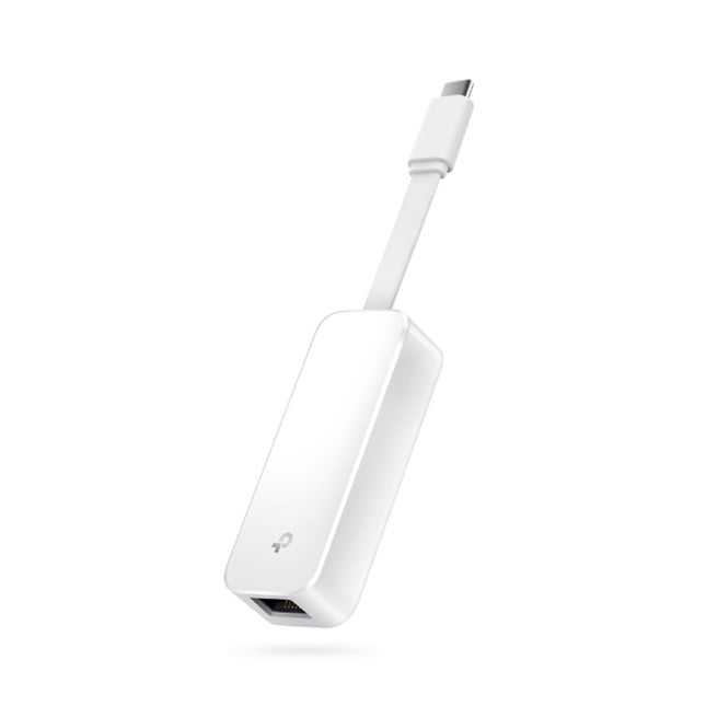 Close-up view of RJ45 LAN port and USB Type-C connector on TP-Link UE300C ethernet adapter.