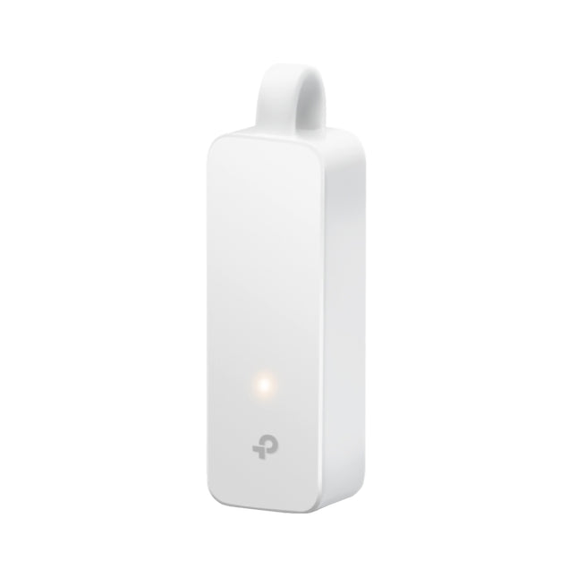 TP-Link UE300C USB-C to Gigabit Ethernet network adapter in white with foldable cable.