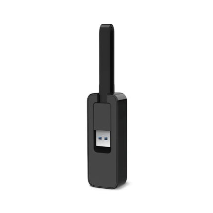 Close-up of the compact, lightweight TP-Link UE306 LAN adapter with its foldable cable design tucked in for easy portability.