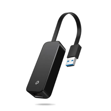 TP-Link UE306 USB 3.0 to Gigabit Ethernet network adapter in black, showing the USB Type-A connector and RJ45 LAN port.