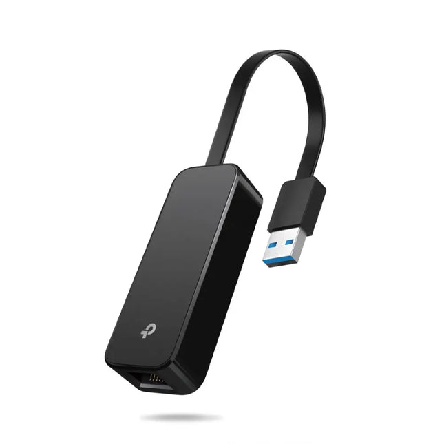 TP-Link UE306 USB 3.0 to Gigabit Ethernet network adapter in black, showing the USB Type-A connector and RJ45 LAN port.