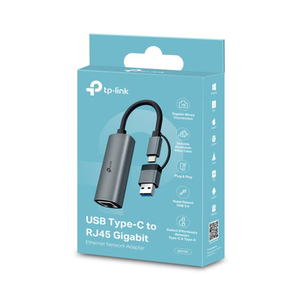 A top-down view of the compact and lightweight TP-Link UE310C Type-C internet adapter, designed for travel and easy storage.