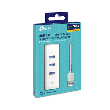 TP-Link UE330 USB 3.0 3-port hub and Gigabit Ethernet adapter in original retail packaging.