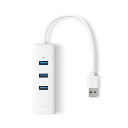 Close-up view of 3 high-speed USB 3.0 expansion ports and RJ45 Gigabit Ethernet port on TP-Link UE330.