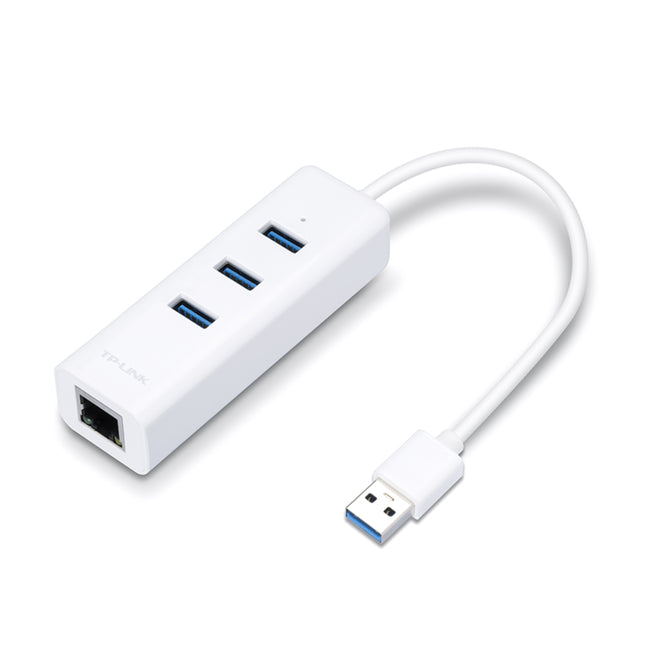 TP-Link UE330 2-in-1 USB 3.0 3-port hub with Gigabit Ethernet RJ45 network adapter in white.