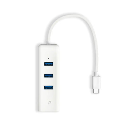 TP-Link UE330C USB-C to 3-Port USB 3.0 Hub and Gigabit Ethernet Adapter in white, showing the built-in USB-C cable and top ports.