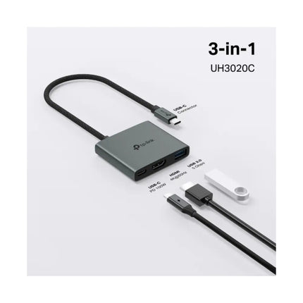 Close-up view of the connectivity ports on the TP-Link UH3020C multi-port adapter, showing the plug-and-play input interfaces.