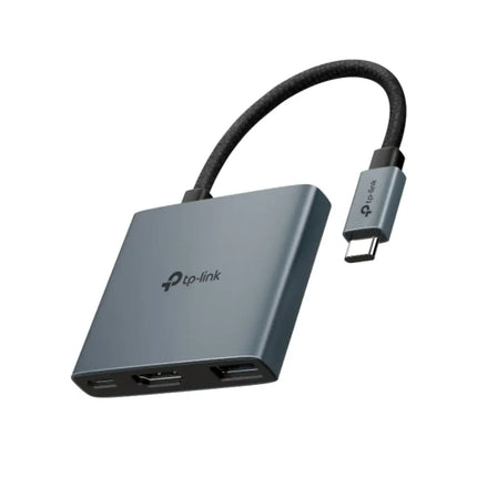 A studio shot of the sleek, grey TP-Link UH3020C USB Type-C 2-in-1 expansion adapter with its premium aluminum alloy finish and attached cable.