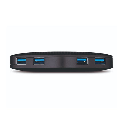 Close-up view of 4 high-speed 5Gbps USB 3.0 ports and tuck-away cable slot on TP-Link UH400 hub.