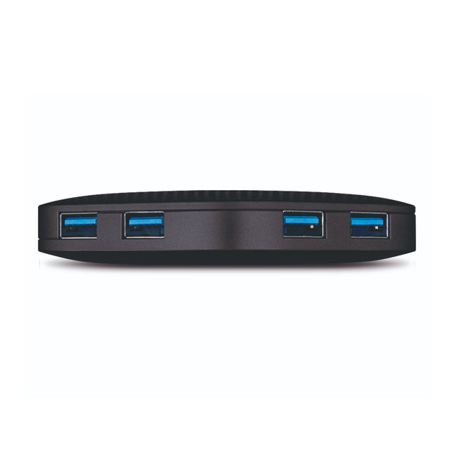 Close-up view of 4 high-speed 5Gbps USB 3.0 ports and tuck-away cable slot on TP-Link UH400 hub.