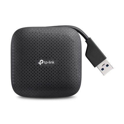 TP-Link UH400 USB 3.0 4-port portable hub in black with built-in foldaway cable.
