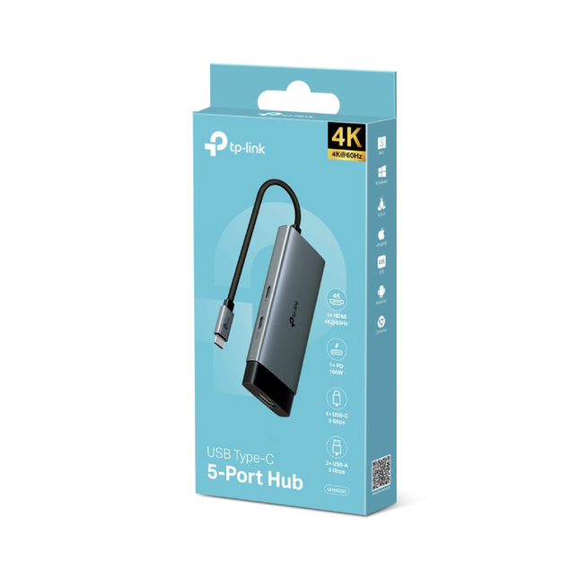 The compact, self-storing design of the TP-Link UH5020C 5-in-1 hub with 5Gbps USB-A and USB-C data ports.