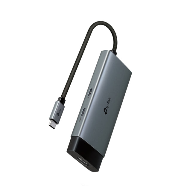 TP-Link UH5020C USB Type-C 5-in-1 multi-port hub featuring a premium grey aluminum alloy case and an integrated braided cable.