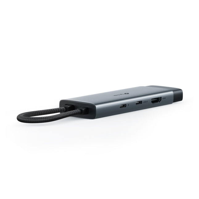 Side angle of the UH6120C hub highlighting the 4K HDMI video output port and the USB-C Power Delivery charging passthrough port.