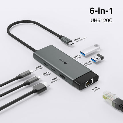 Detailed layout of the TP-Link UH6120C hub showing high-speed USB-A data ports alongside integrated SD and microSD memory card readers.