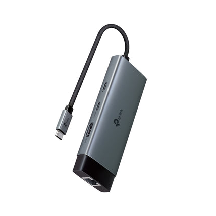 TP-Link UH6120C USB Type-C 6-in-1 multi-port hub adapter featuring a sleek aluminum housing and built-in USB-C cable.