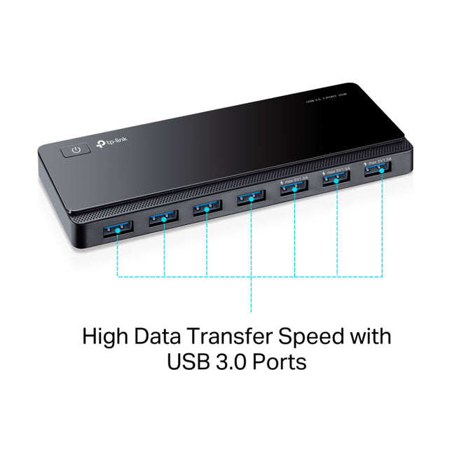 Close-up view of 7 high-speed 5Gbps USB 3.0 data ports and power switch on TP-Link UH700 hub.
