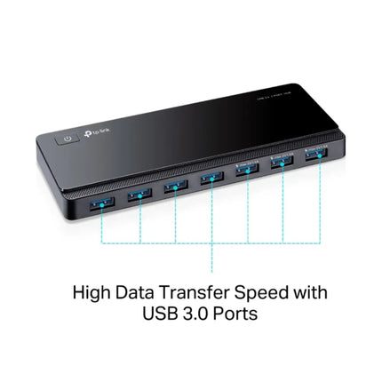 The unboxed TP-Link UH700 7-port USB hub arranged alongside its included 12V power adapter, 1-meter USB 3.0 data cable, and quick installation guide.