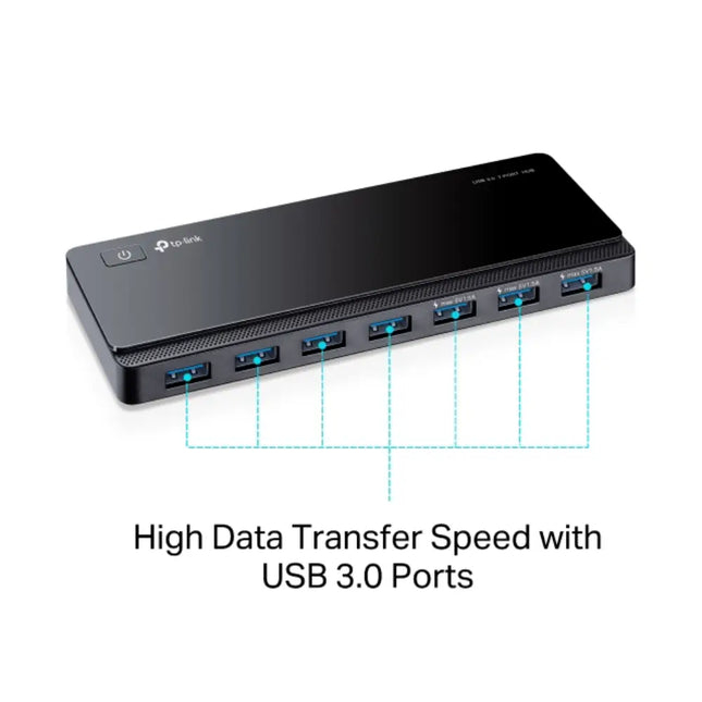 The unboxed TP-Link UH700 7-port USB hub arranged alongside its included 12V power adapter, 1-meter USB 3.0 data cable, and quick installation guide.