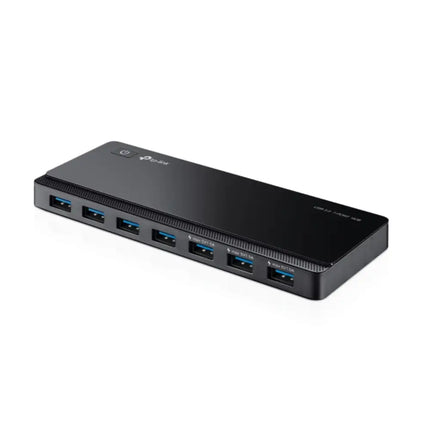 TP-Link UH700 sleek gloss-black USB 3.0 7-port expansion hub shown from a top-down angle layout against a white background.