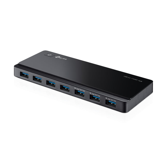 TP-Link UH700 USB 3.0 7-port desktop hub in black with dedicated power button.