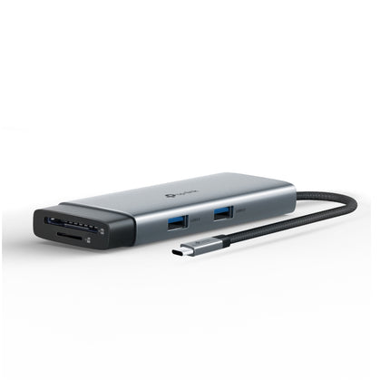 Side view of the TP-Link UH7020C 7-in-1 hub highlighting the 100W USB-C Power Delivery fast-charging port.
