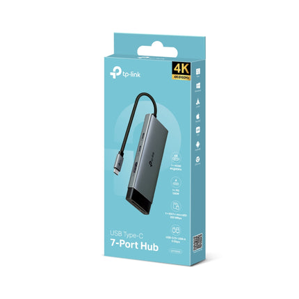 Front view of the official TP-Link UH7020C 7-in-1 Type-C hub retail box with Australian warranty and specifications badges.