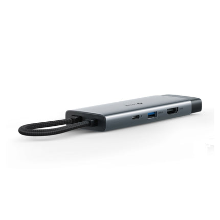 Close-up view of the ports on the TP-Link UH7021C hub, showcasing HDMI, USB-A, USB-C, and SD card slots.