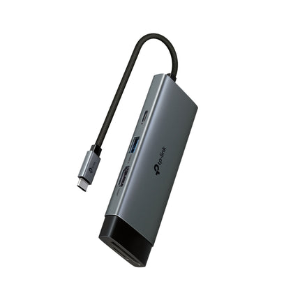 TP-Link UH7021C USB Type-C 7-in-1 Hub showing the sleek multi-port adapter design and attached Type-C cable.