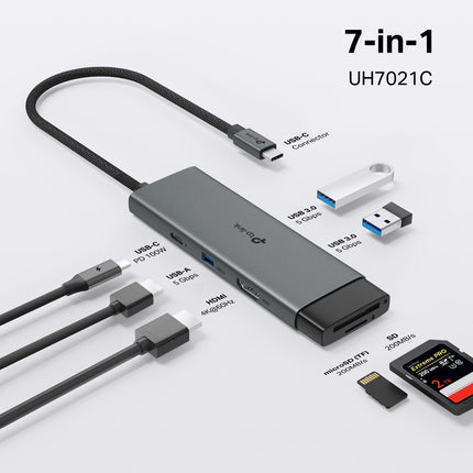 Side view of the compact TP-Link UH7021C multi-port dock highlighting the high-speed data transfer and pass-through power delivery ports.