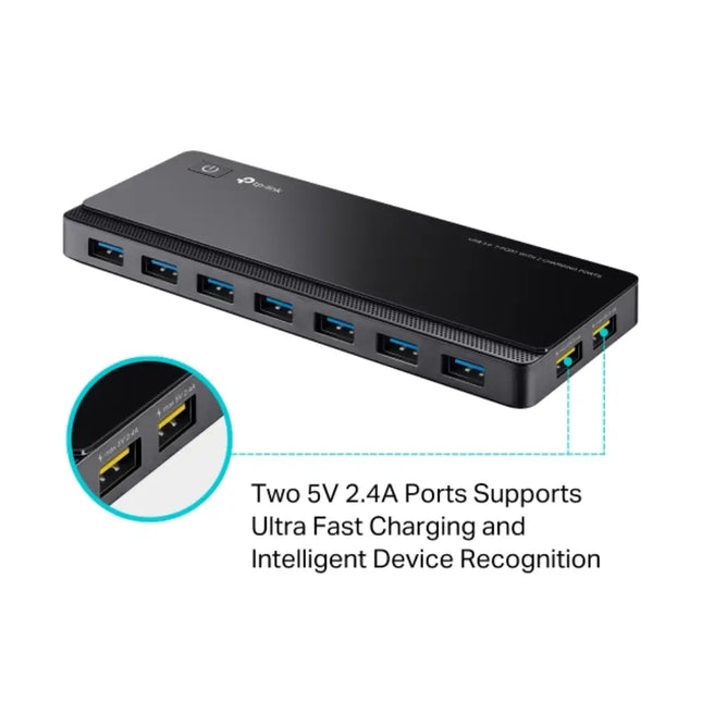 Unboxed TP-Link UH720 7-port USB hub displayed next to its included 12V power adapter, 1-meter USB 3.0 cable, and quick installation guide.