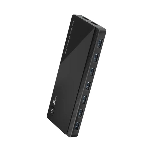 TP-Link UH720 premium gloss-black USB 3.0 hub showcasing 7 data transfer ports alongside 2 dedicated yellow smart charging ports.