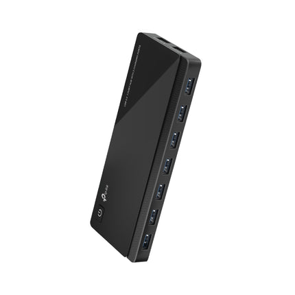 TP-Link UH720 USB 3.0 7-port hub with 2 dedicated 2-4A smart charging ports and power button.