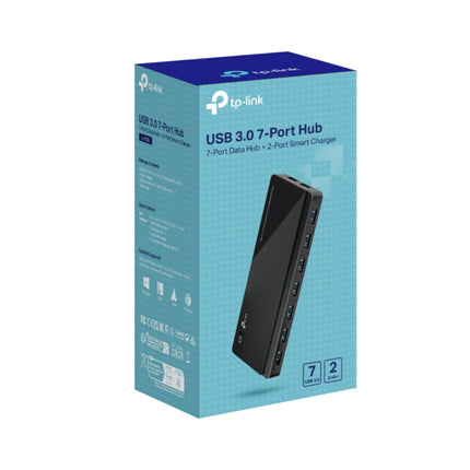 TP-Link UH720 USB 3.0 7-port desktop hub in original retail packaging with 12V power adapter.
