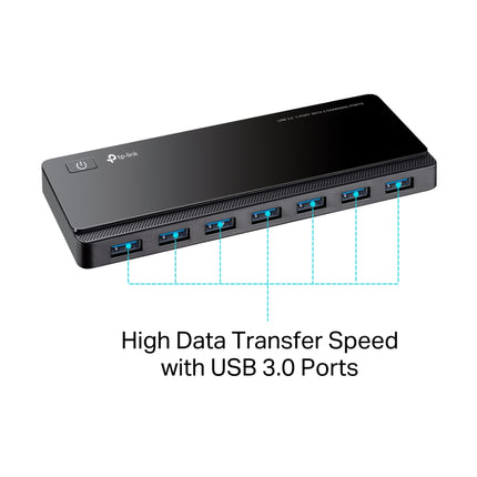 Close-up view of 7 high-speed USB 3.0 data ports and 2 yellow smart charging ports on TP-Link UH720.