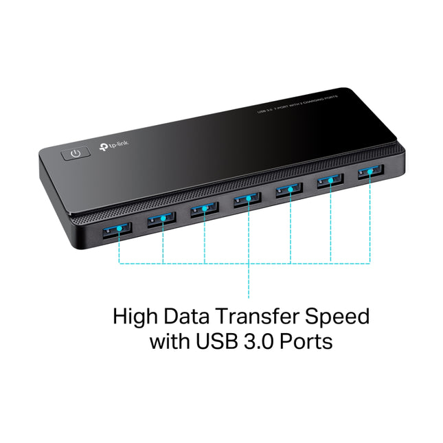 Close-up view of 7 high-speed USB 3.0 data ports and 2 yellow smart charging ports on TP-Link UH720.