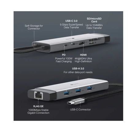 TP-Link UH9120C USB-C Hub connected to a laptop on a desk workspace, powering a 4K external monitor and external hard drive.