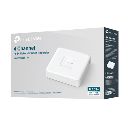 Diagram showcasing the TP-Link VIGI NVR1104H-4P connected to four security cameras, delivering power and data over Ethernet.