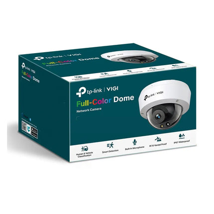 An installed TP-Link VIGI C240 4MP Full-Colour Dome Network Camera monitoring a commercial property storefront.
