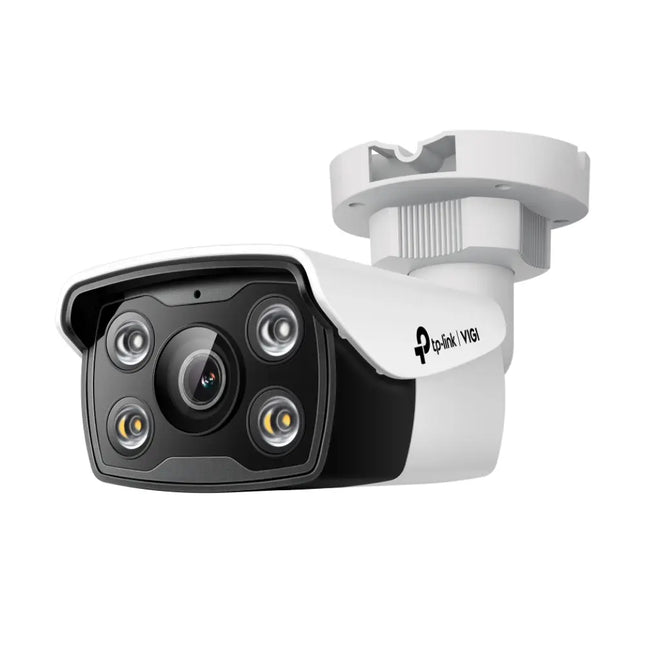 TP-Link VIGI C340 4MP outdoor full-colour bullet network camera featuring dual spotlights and a white weatherproof housing.