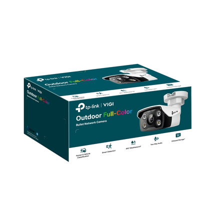 The TP-Link VIGI C340 outdoor bullet camera, highlighting its smart AI human and vehicle tracking with built-in siren and light alarms.