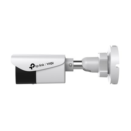 A TP-Link VIGI C340 bullet network camera mounted on an exterior wall, demonstrating its rugged IP67 weatherproof design.