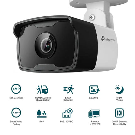 Close-up front view of the TP-Link VIGI C340I camera lens, showcasing the integrated infrared night vision LED array.